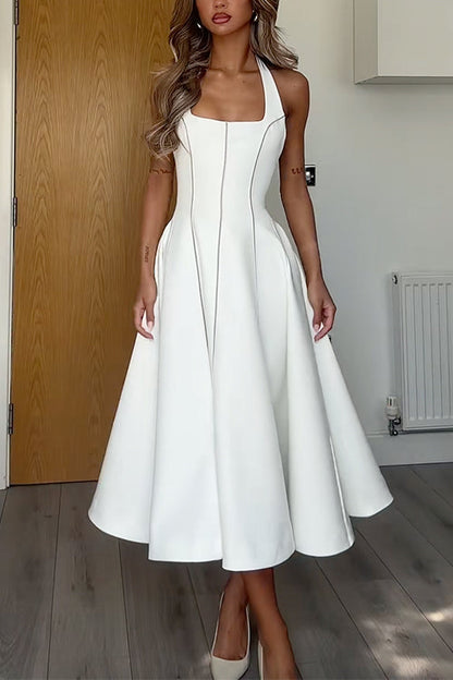 Moxidress Halter Neck Backless Hollow Out Swing Midi Dress