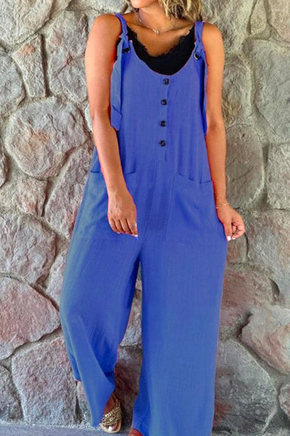 Scoop Neck Buttons Wide Leg Cotton Linen Overalls