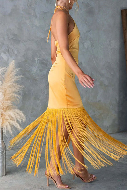 Moxidress Halter Neck Patchwork Fringe Hem Satin Maxi Dress
