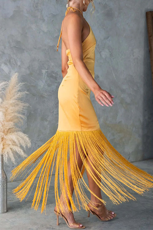 Moxidress Halter Neck Patchwork Fringe Hem Satin Maxi Dress