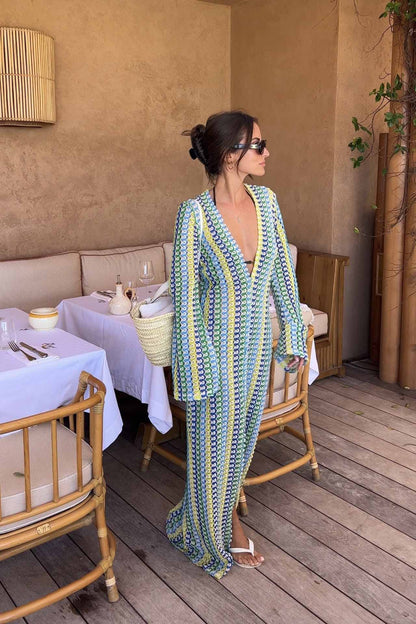 V Neck Bell Sleeve Wavy Striped Crochet Beach Vacation Maxi Dress