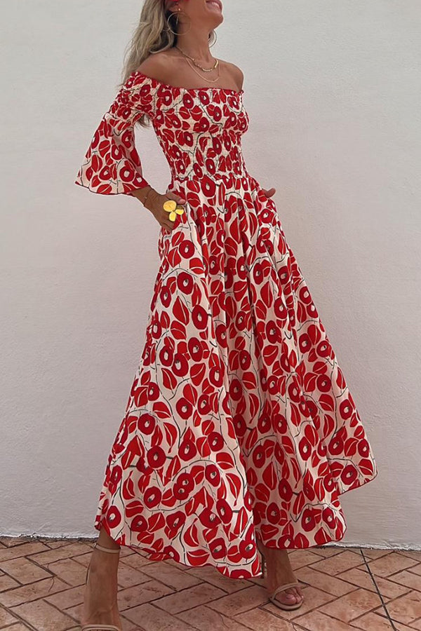 Vacation Style Fashionable Print Pleated One Shoulder Design Pocket Long Dress