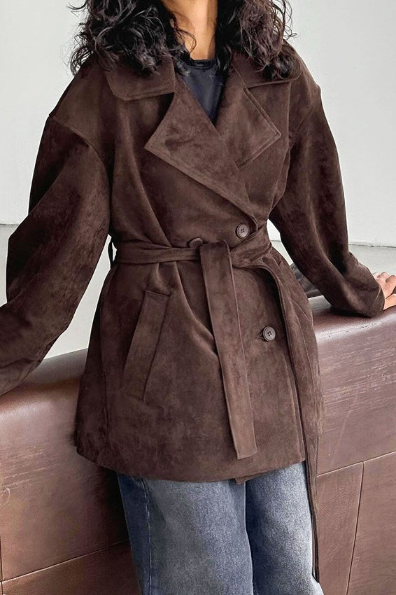 Brown Suede Tie Waist Overcoat
