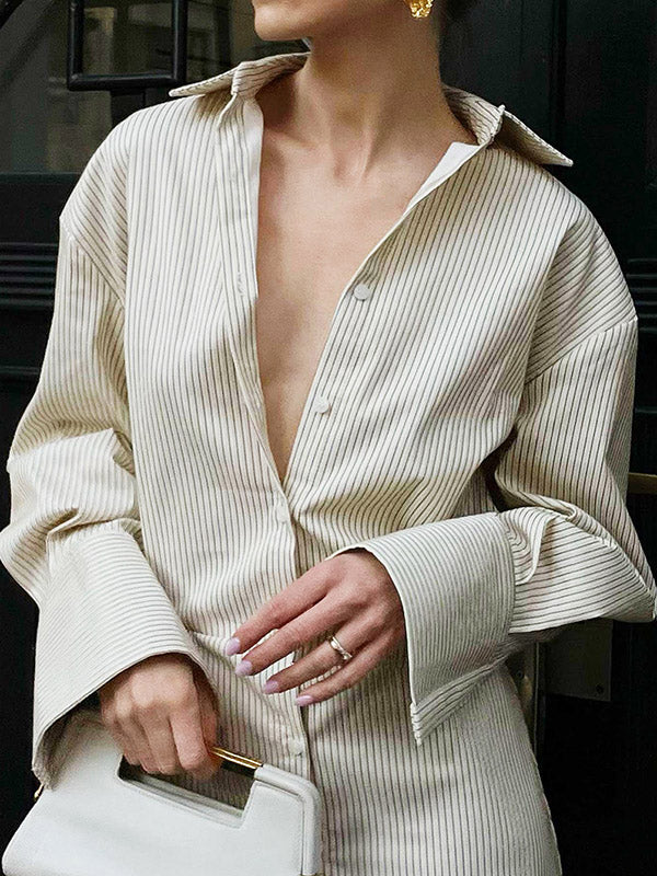 Flared Sleeves Long Sleeves Buttoned Striped Lapel Mini Dresses Shirt Dress