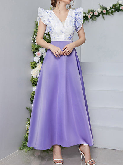 High Waisted Petal Sleeves Printed Split-joint Deep V-neck Maxi Dresses