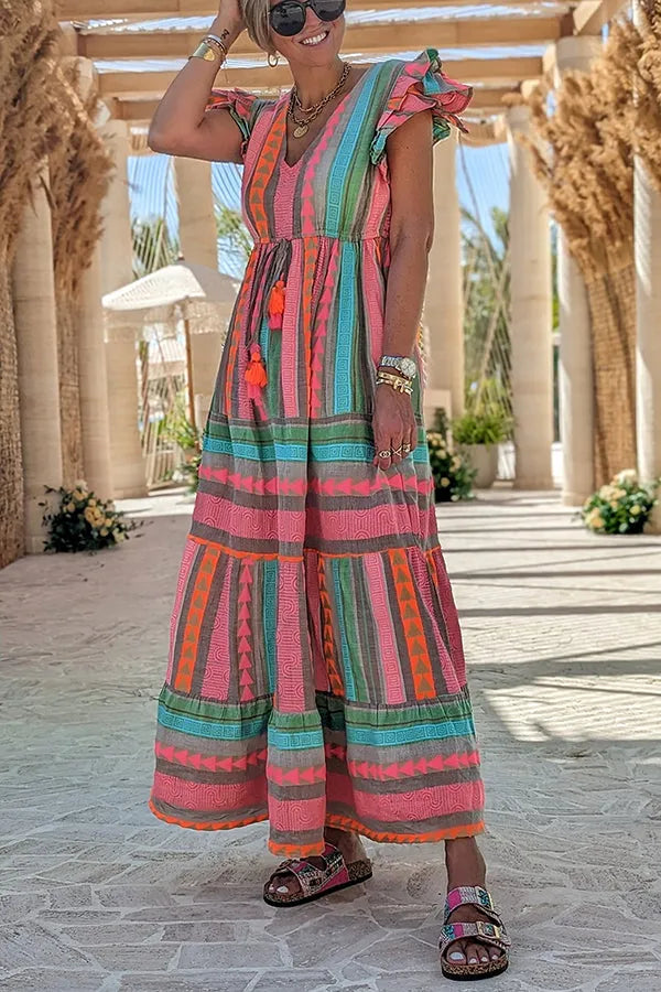 Sunlit Magic Linen Blend Print Ruffle Sleeve Tassel Maxi Dress