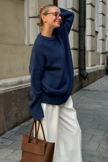 Color Relaxed Fit Crew Neck Knit Sweater