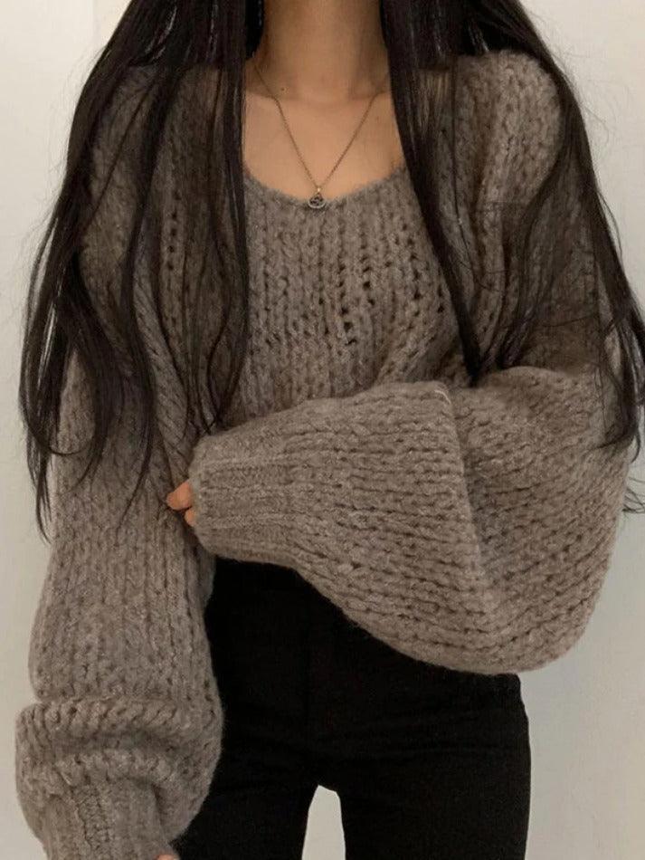 Cutout Lantern Sleeve Loose Sweater