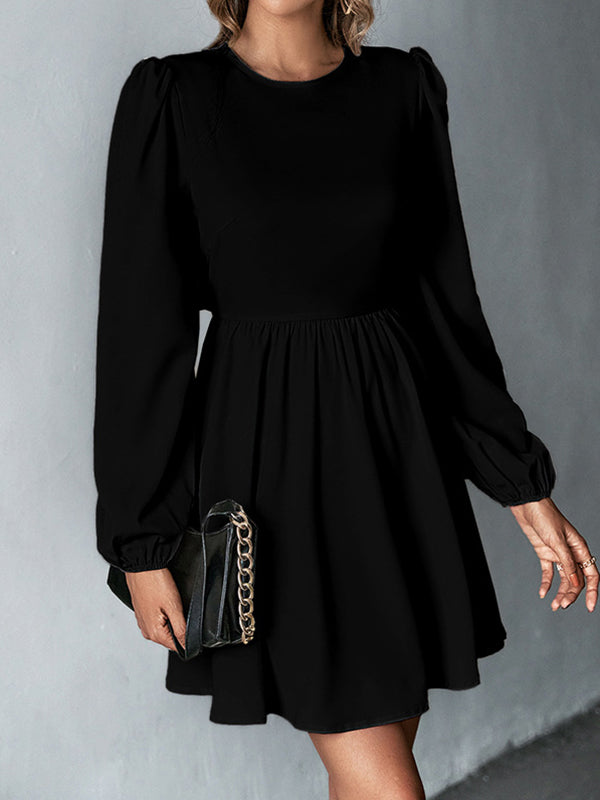 A-line Bishop Sleeve Backless Elasticity Hollow Pleated Color Tied Round-neck Mini Dresses