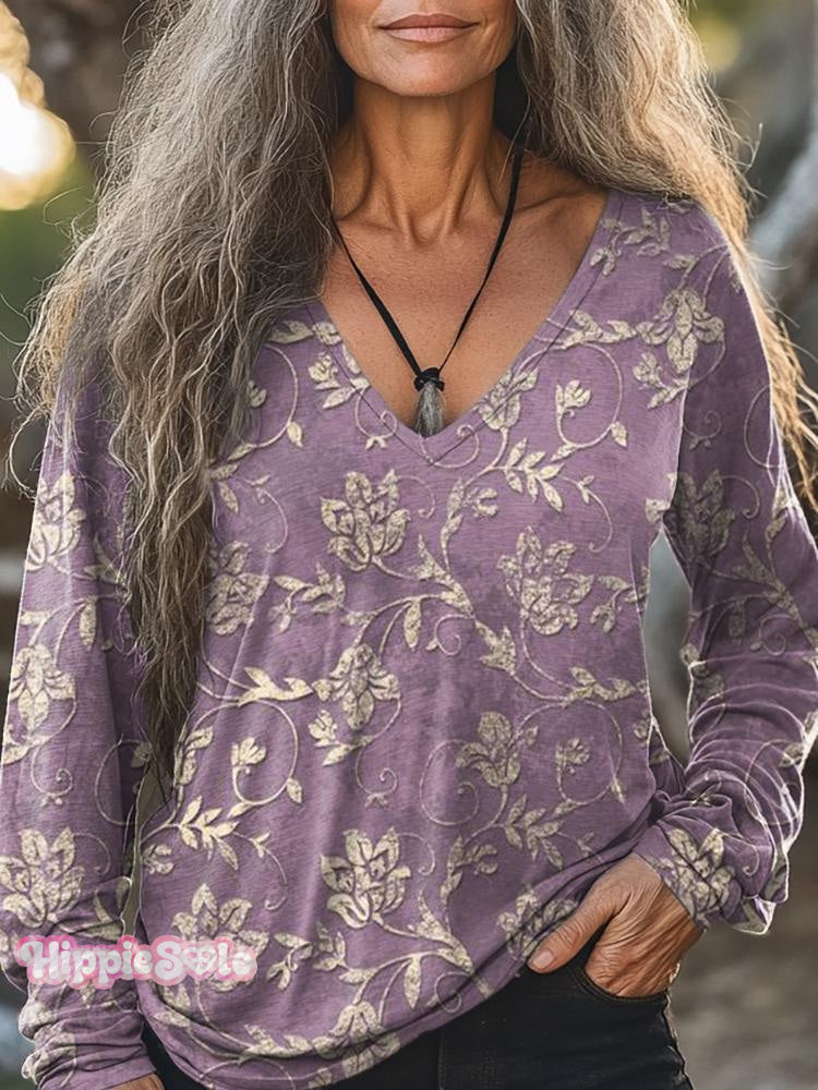 Women's Bohemian Flower Art Print Casual V-neck Long Sleeve Cotton T-s