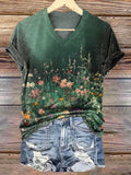Women's Retro Flowers Print V-neck Casual T-Shirt