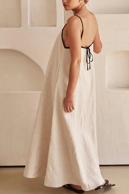 Adjustable Strap Backless Cotton Linen Maxi Dress