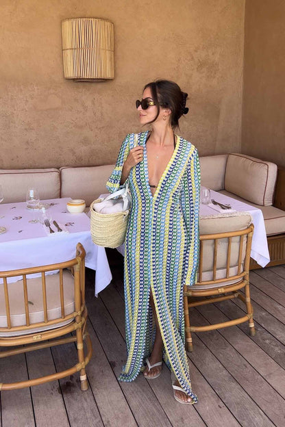 V Neck Bell Sleeve Wavy Striped Crochet Beach Vacation Maxi Dress