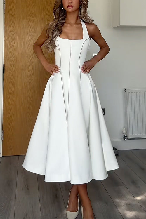 Halter Neck Backless Hollow Out Swing Midi Dress