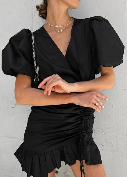 Puff Sleeve Wrap Dress With Ruffle Hem