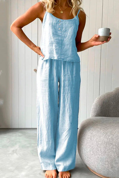 Cotton Linen Cami Top Wide Leg Pants Loungewear Set