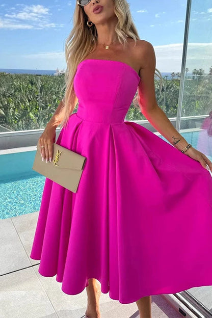 Moxidress Strapless Open Back Waisted Swing Midi Dress
