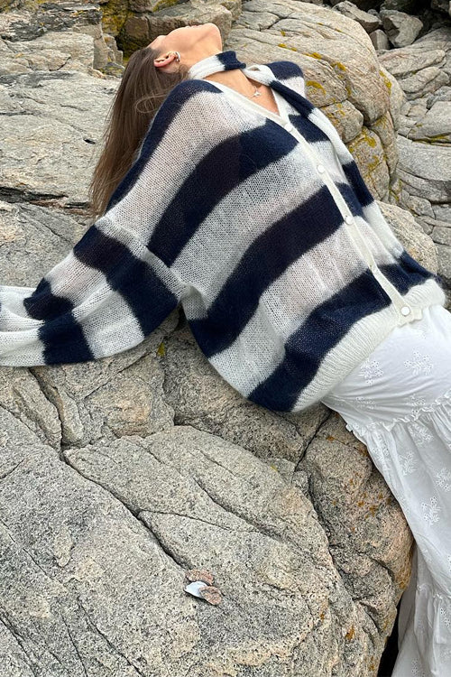 Moxidress Lantern Sleeves Button Down Color Block Stripes Sweater With Scarf
