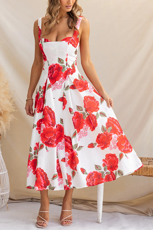 Adjustable Strap Print Swing Midi Dress