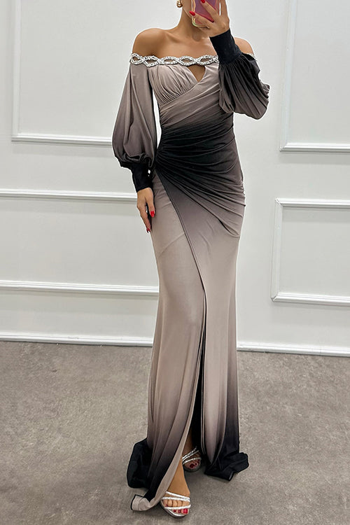 Off Shoulder Ruched Waist Gradient Tie Dye Wrap Maxi Dress