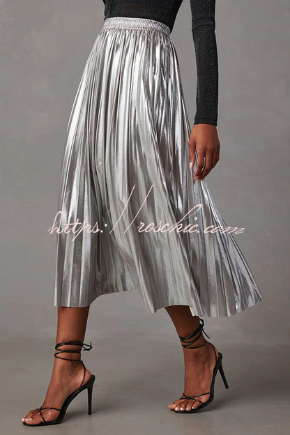 Yuletide Glow Metallic Fabric Pleated Elastic Waist Midi Skirt