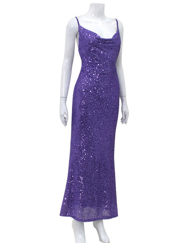 Back Cross Sequined Split-joint Spaghetti-neck Maxi Dresses