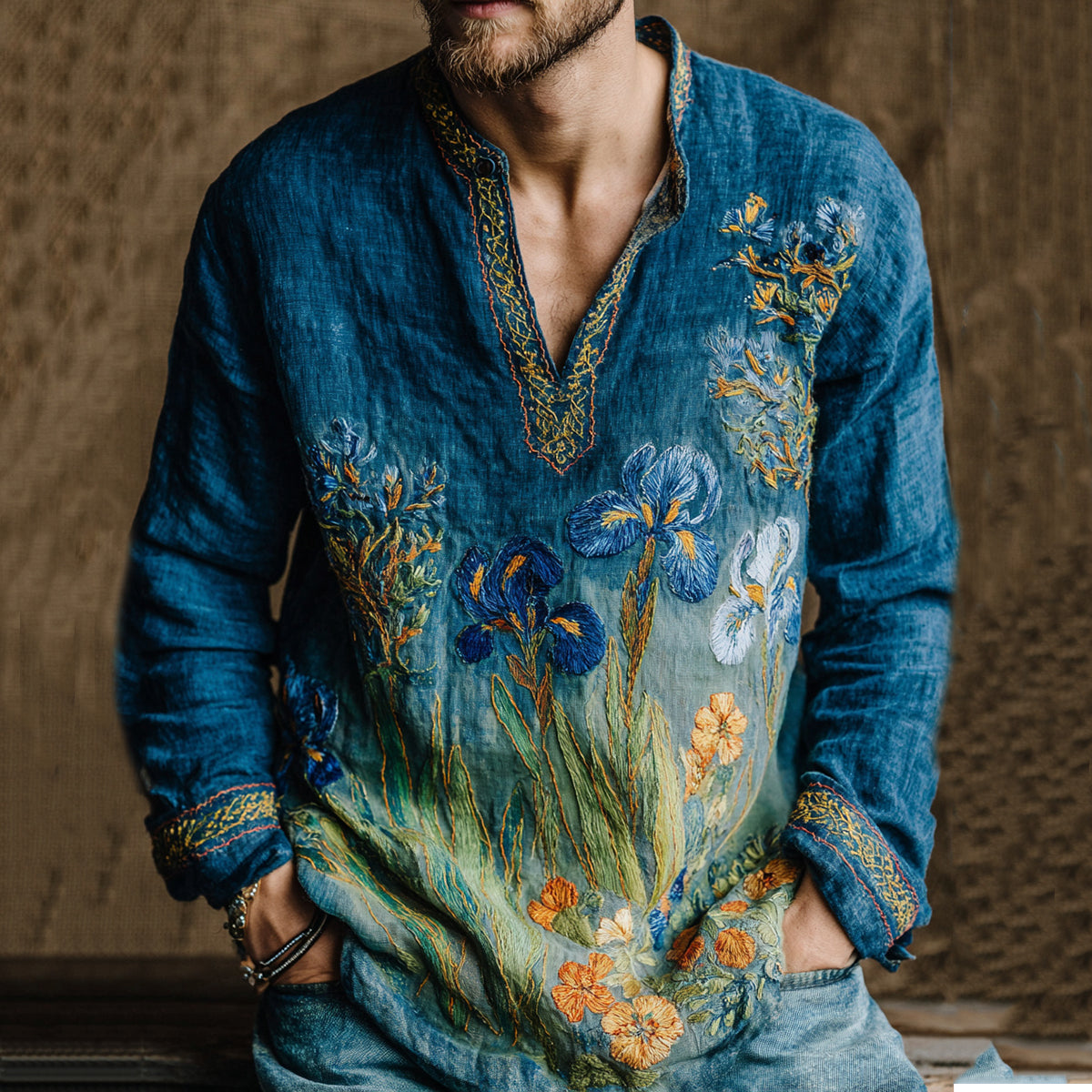 Men's Oil Painting Irises And Sunflower Embroidery Linen Shirt elevenforest