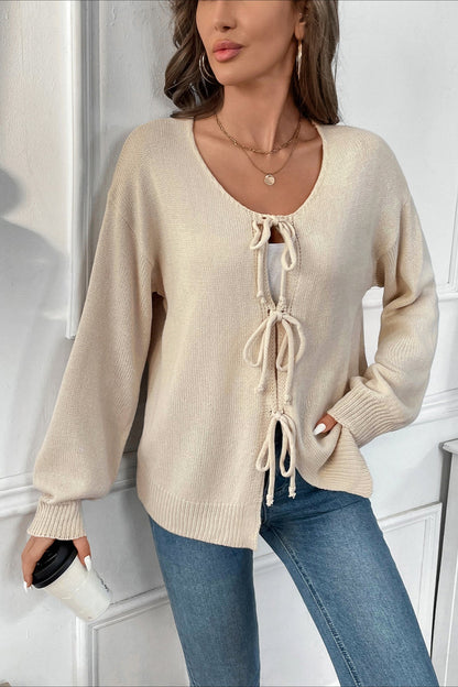 Tie-front Round Neck Color Knit Cardigan