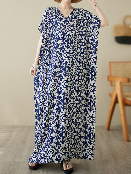 Batwing Sleeves Loose Printed V-neck Maxi Dresses