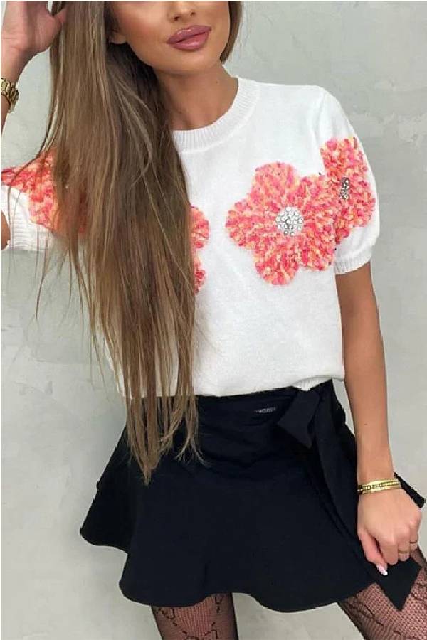 Crewneck Short Sleeves 3d Flower Sweater Top