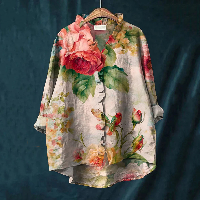 Vintage Floral Patchwork Pattern Art Linen Ruffle Shirt elevenforest