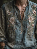 Men's Vintage Floral Embroidered Contrast Linen Shirt elevenforest