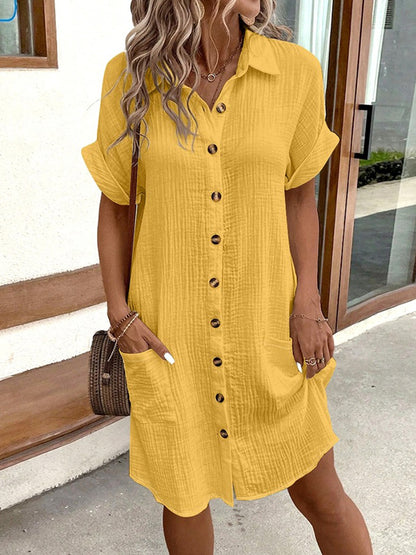 Loose Short Sleeves Pleated Split-joint Lapel Mini Dresses Shirt Dress