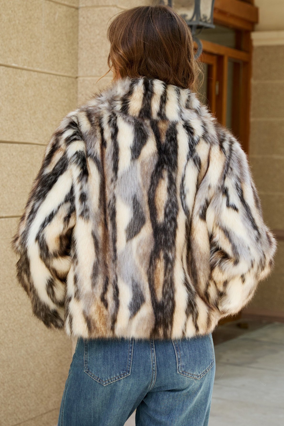 Warm Faux Fox Fur Color Block Coat
