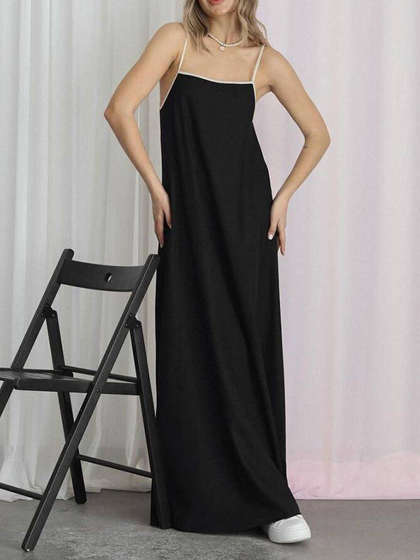 A-line Loose Split-joint Spaghetti-neck Maxi Dresses