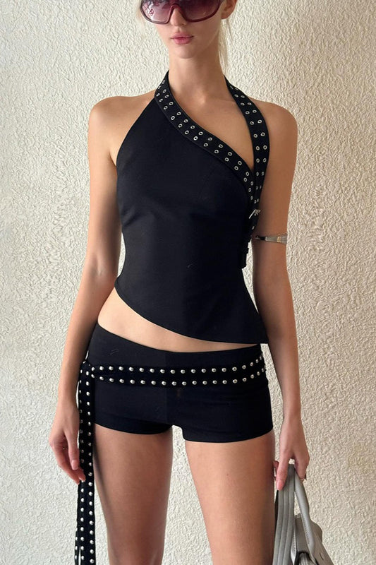 Asymmetric Shoulder Slim Shorts Two Piece Set