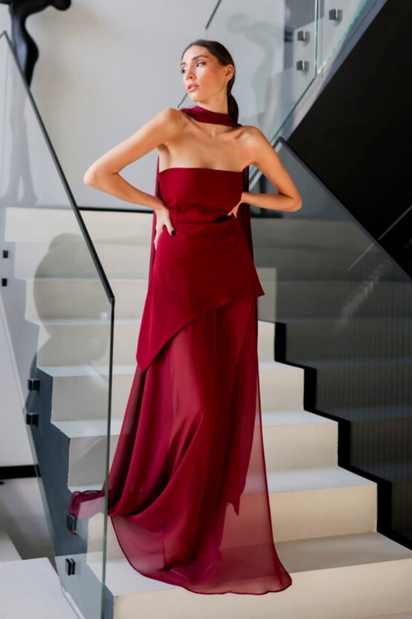 Florence Asymmetrical Chiffon Maxi Dress With Scarf
