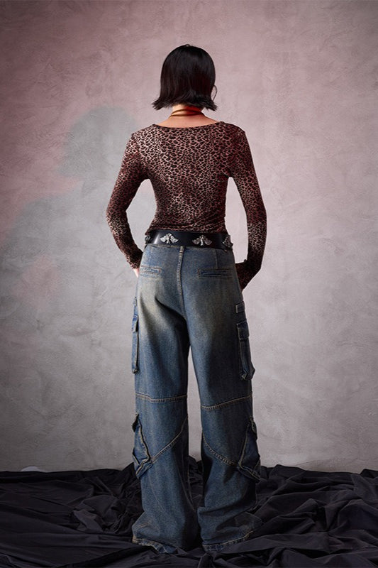 Leopard Print U-neck Slim Long-sleeve Blouse