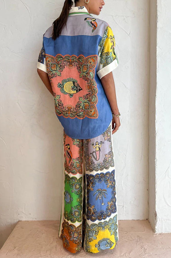 And Posh Linen Blend Mermaid Print Button Down Oversized Blouse