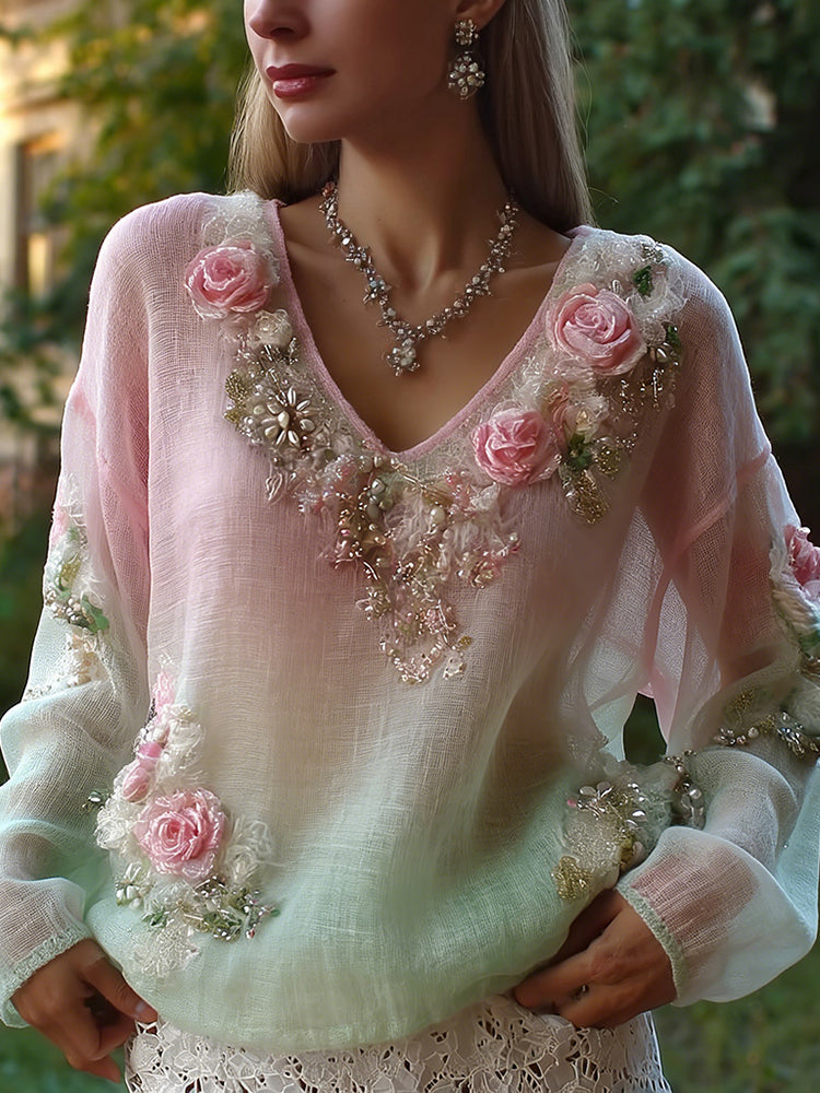 Vintage Boho Roses Embroidered Gradient Comfy Linen Shirt elevenforest