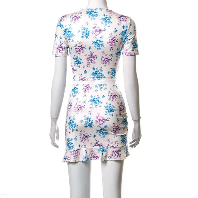 Dress Two Piece Set Summer Set Hollow Out Crop-top and Skirt Suit Cross Lace Up New Dresses