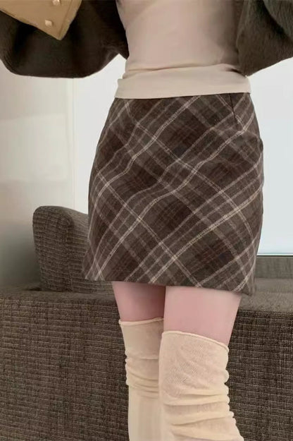 Wool Plaid High Waist A-line Skirt