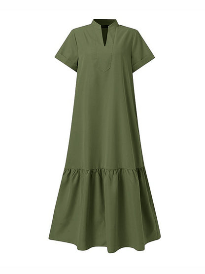 A-line Loose Color Split-joint V-neck Maxi Dresses