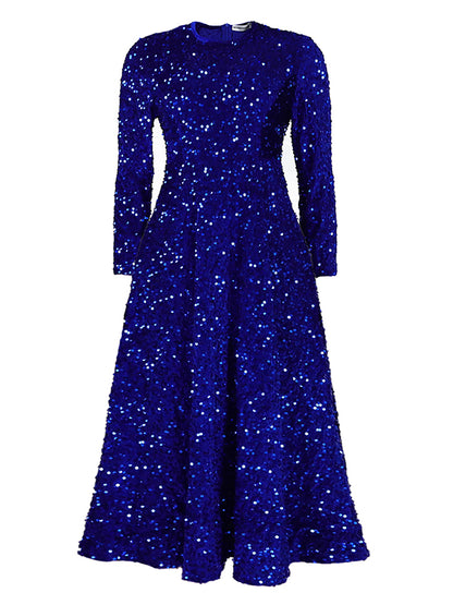 A-line High Waisted Sequined Split-joint Zipper Round-neck Maxi Dresses
