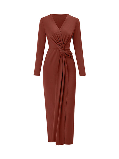 Bodycon Long Sleeves Bowknot Color V-neck Maxi Dresses