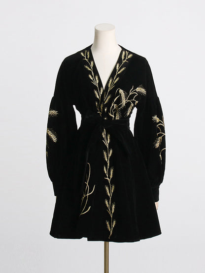 Loose Puff Sleeves Embroidered Tied Waist V-neck Mini Dresses