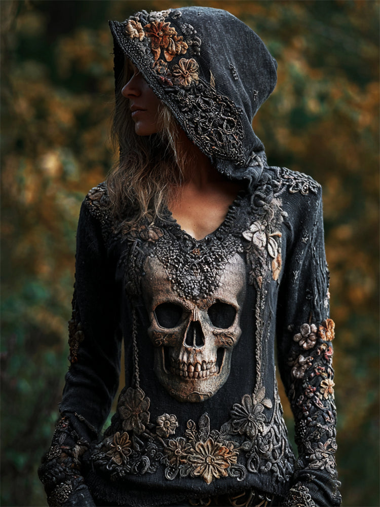 Vintage Skull Floral Beaded Slim Fit Hooded T Shirt elevenforest
