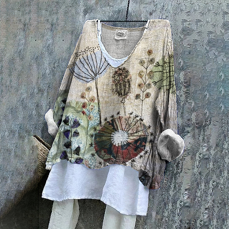 Retro Floral Embroidered Art Linen Blend Tunic elevenforest