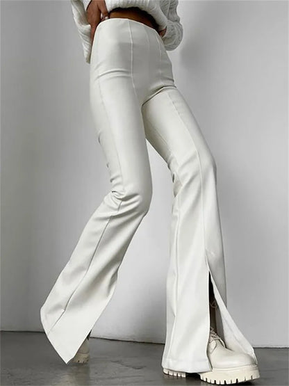 New Pu Leather Spilt Out Flared Pants White Slim High Waist Trousers Wide Leg Pants for Spring
