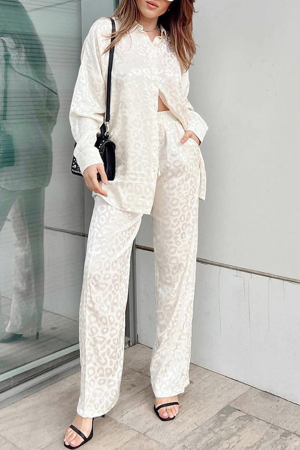 Leopard Print Jacquard Long Sleeved Shirt With Elastic Waist and Pant Two Piece Set